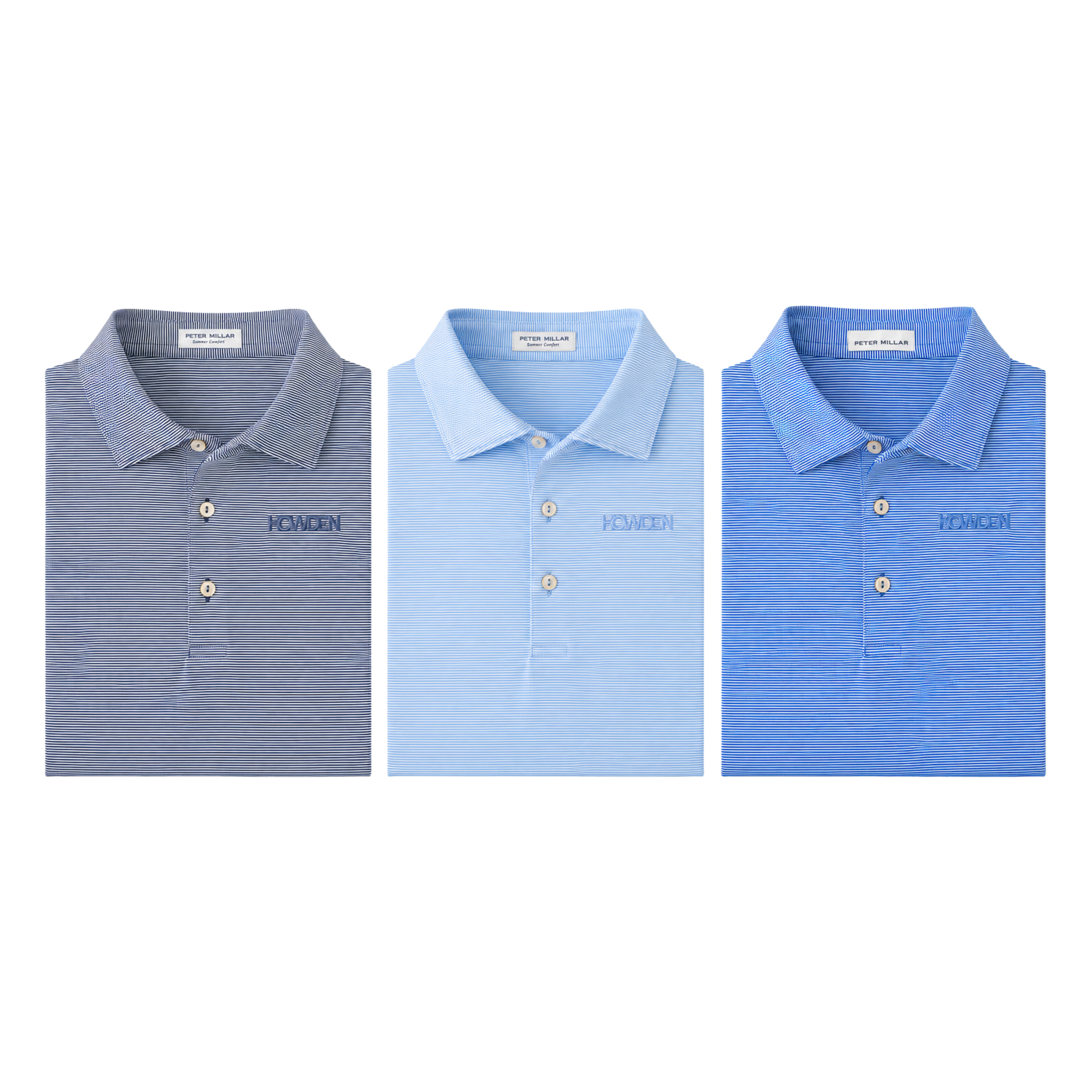 Three coordinating Peter Millar polos embroidered for Howden