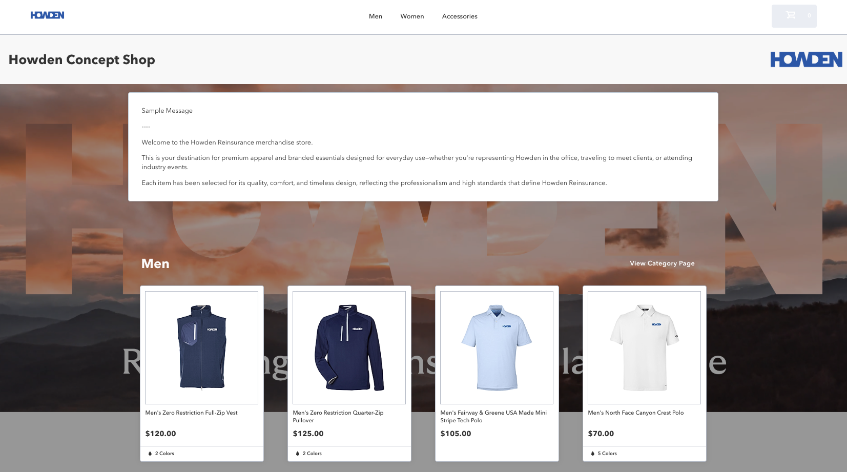 Howden Concept Shop example with branded apparel, product categories and individual pricing