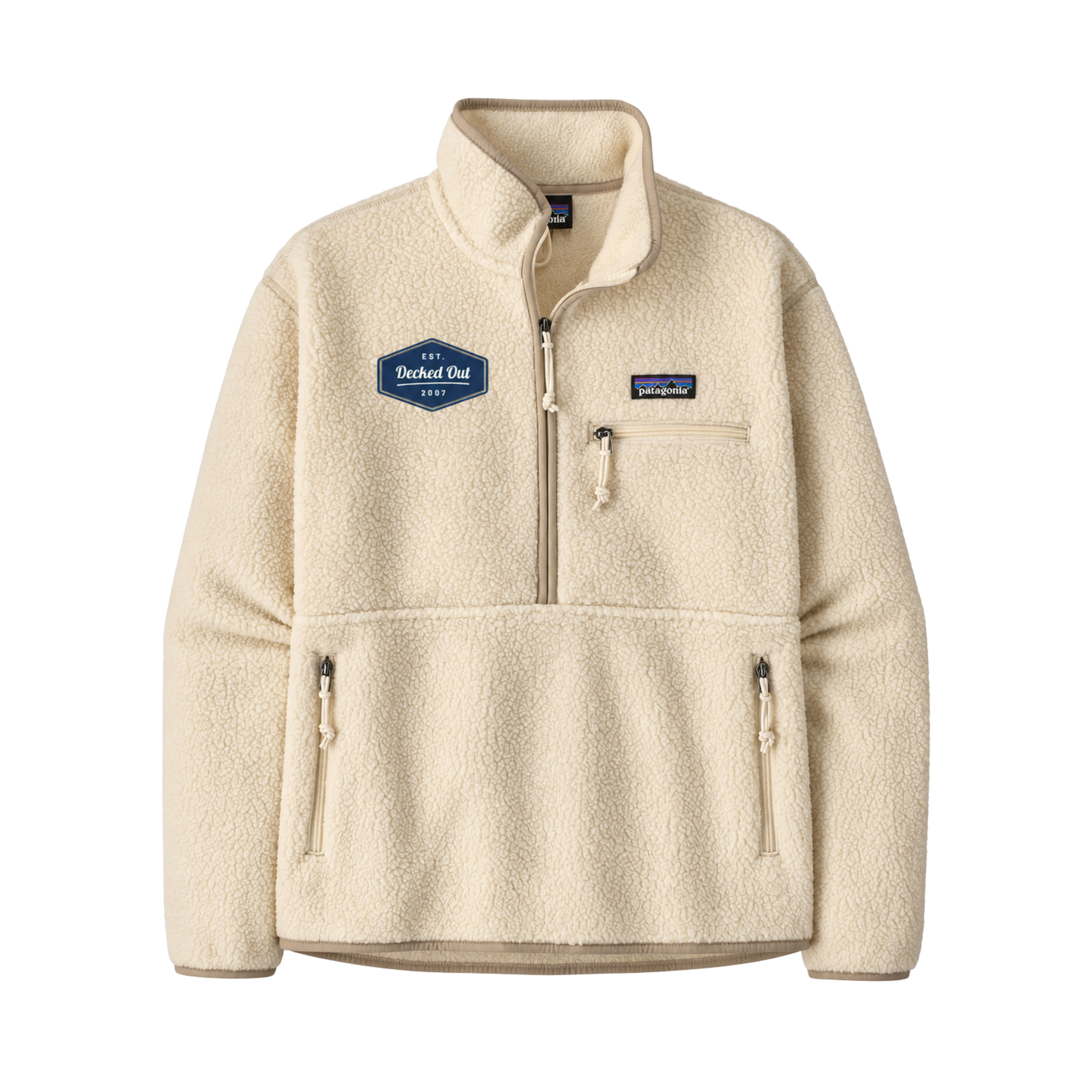 Cream Patagonia fleece customized with the Decked Out badge